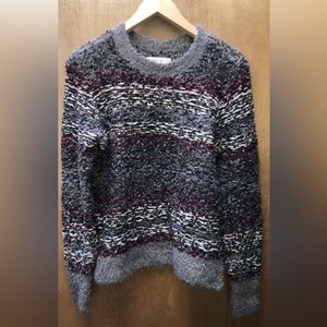 Chunky Knit Wool Gray Maroon White Striped Fuzzy Crewneck - Abercrombie